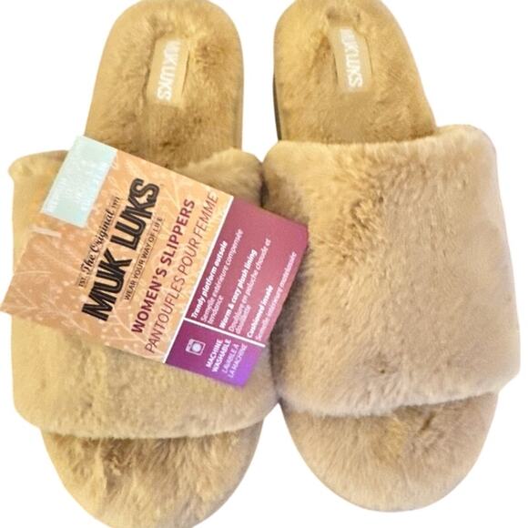 Muk Luks Irish Cream faux fur slipper open toe slides Medium 7-8 MUK-FA-113 NWT - Picture 1 of 2
